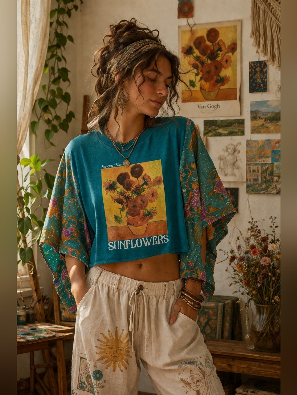 Upcycled Van Gough Sunflowers Cropped Graphic Tee With Kantha Sleeves, OS